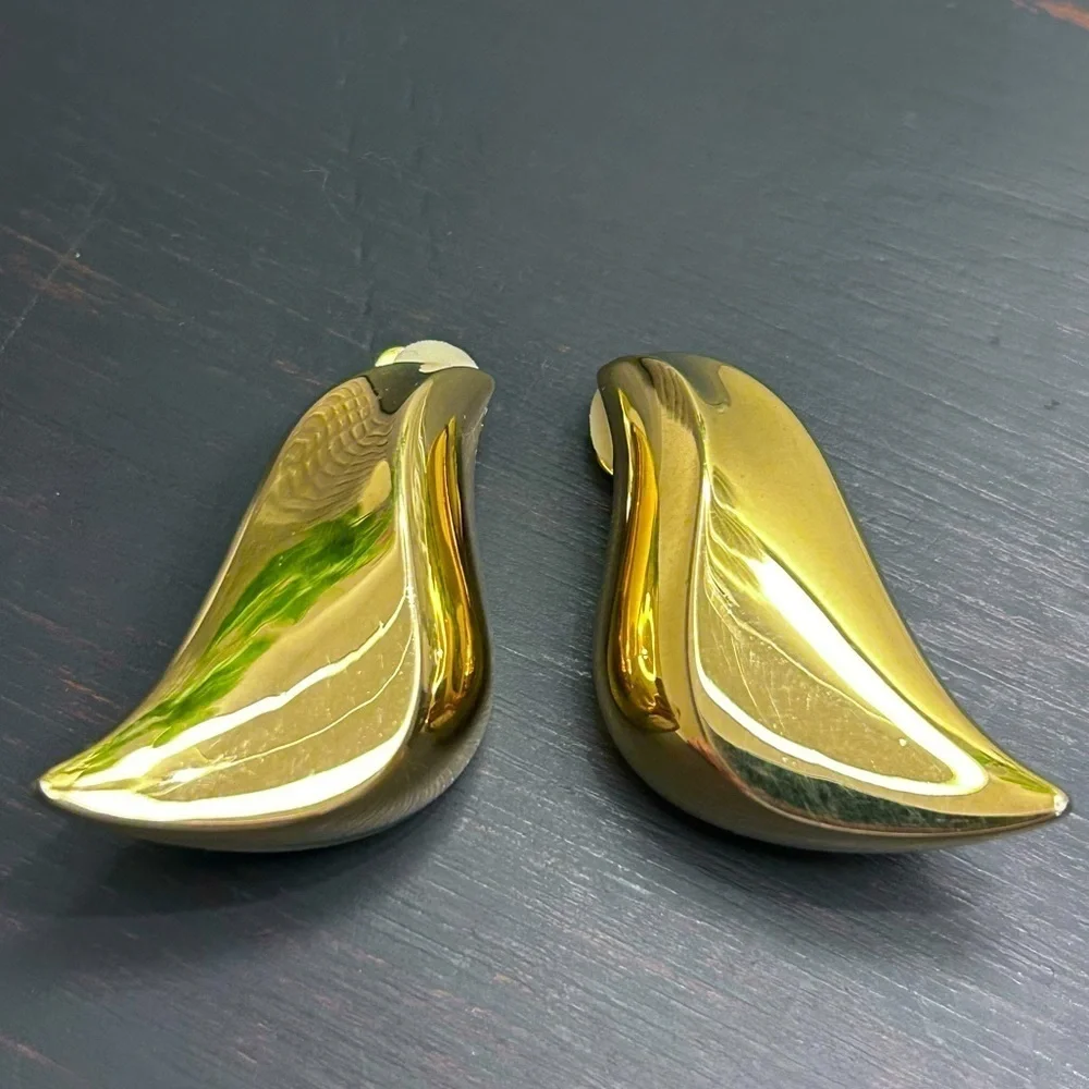 Vintage Christian Dior Gold Wavy Diamond Shaped Earrings- Signed
